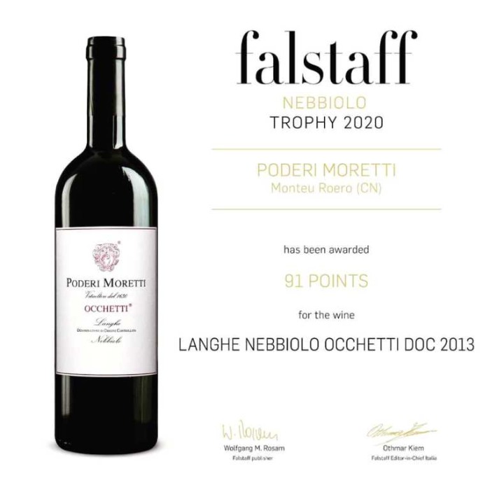 Langhe Nebbiolo Occhetti 2013 Falstaff 2020 91 points